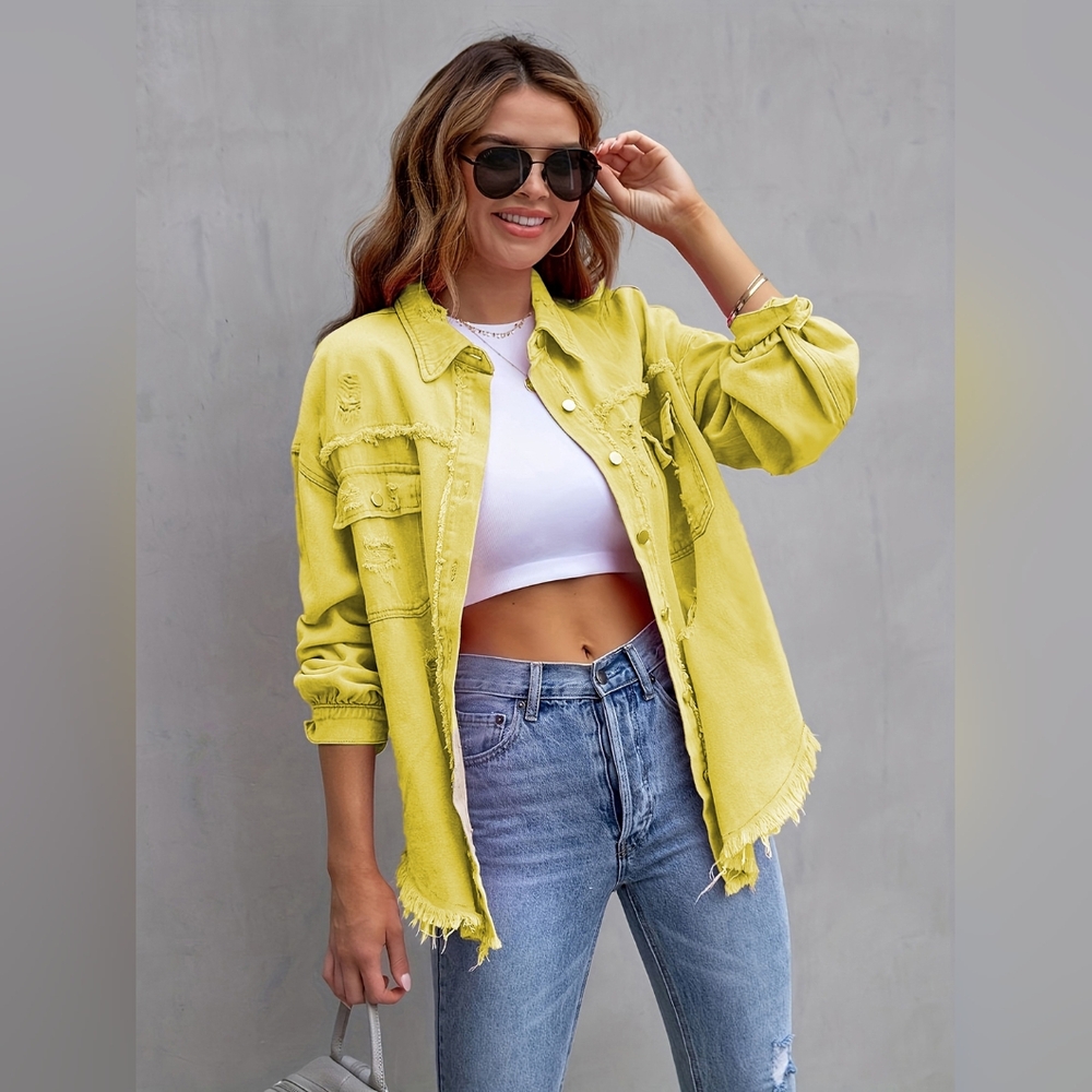 Oversized Distressed Denim Exposed Seam Button-Up Frayed Hem Jean Jacket Yellow